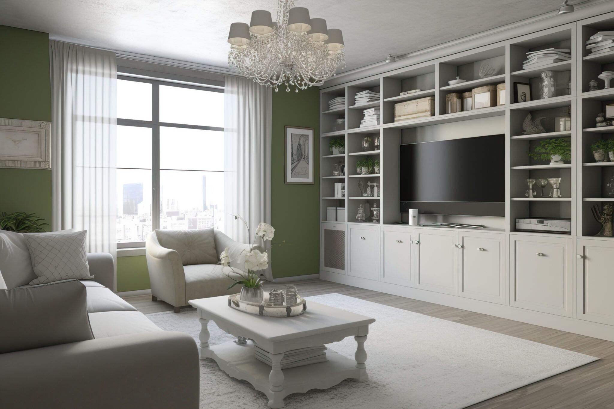 Cozy Living Room With Tv And White Shelf